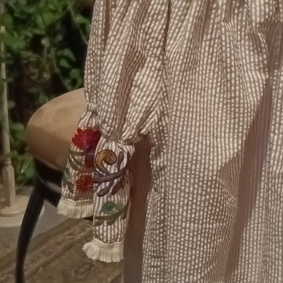 Grace & Emma brown/beige seersucker dress w embroidered & frayed cuffs & hem Sm - Picture 4 of 7